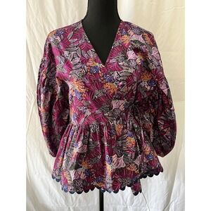 Kika Vargas Floral Print Peplum Wrap Blouse Balloon Sleeve Top Size Medium‎